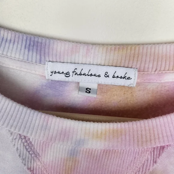 Young, Fabulous, and Broke Tie Dye Purple Pink Yellow Long Sleeve Sweater Sz S - Picture 3 of 6